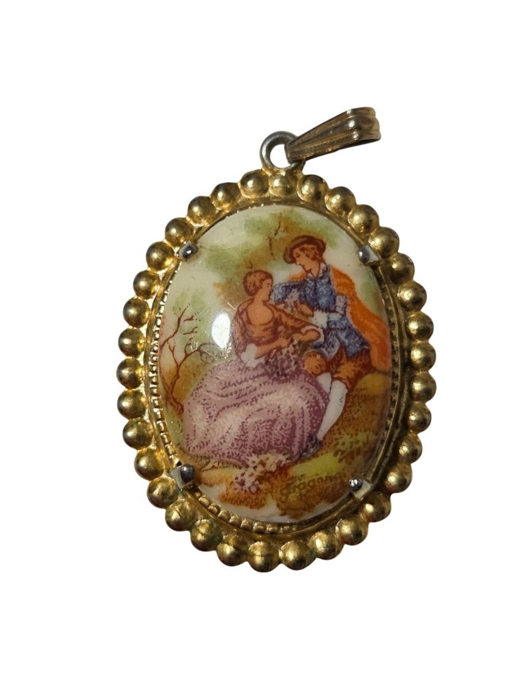 Vintage Oval Porcelain Pendant Romantic Victorian Couple Courting Gold Tone